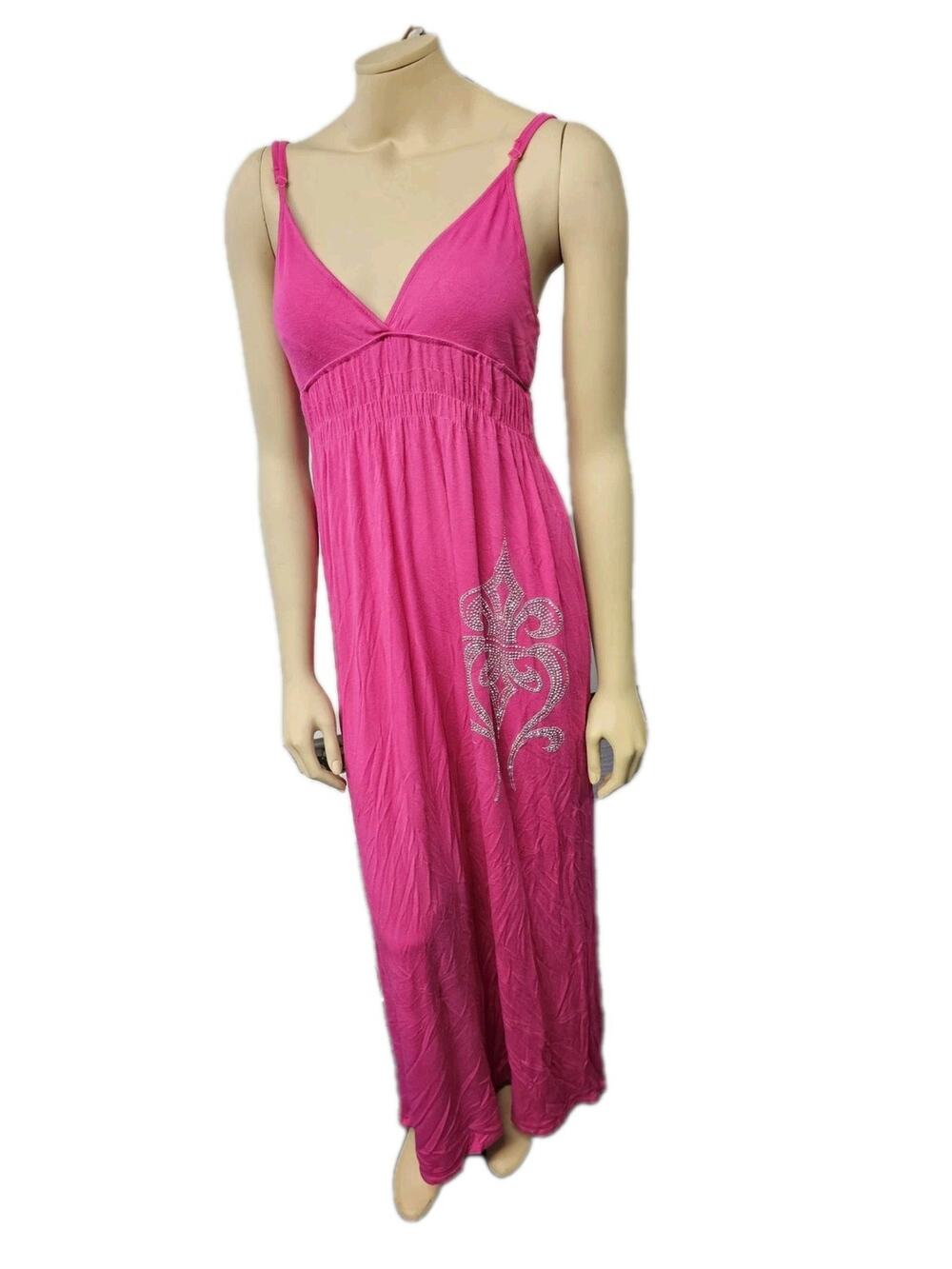 Y2K Try Me On Maxi Dress S Pink Fuchsia Rhinestone Fleur De Lis Smocked Slit